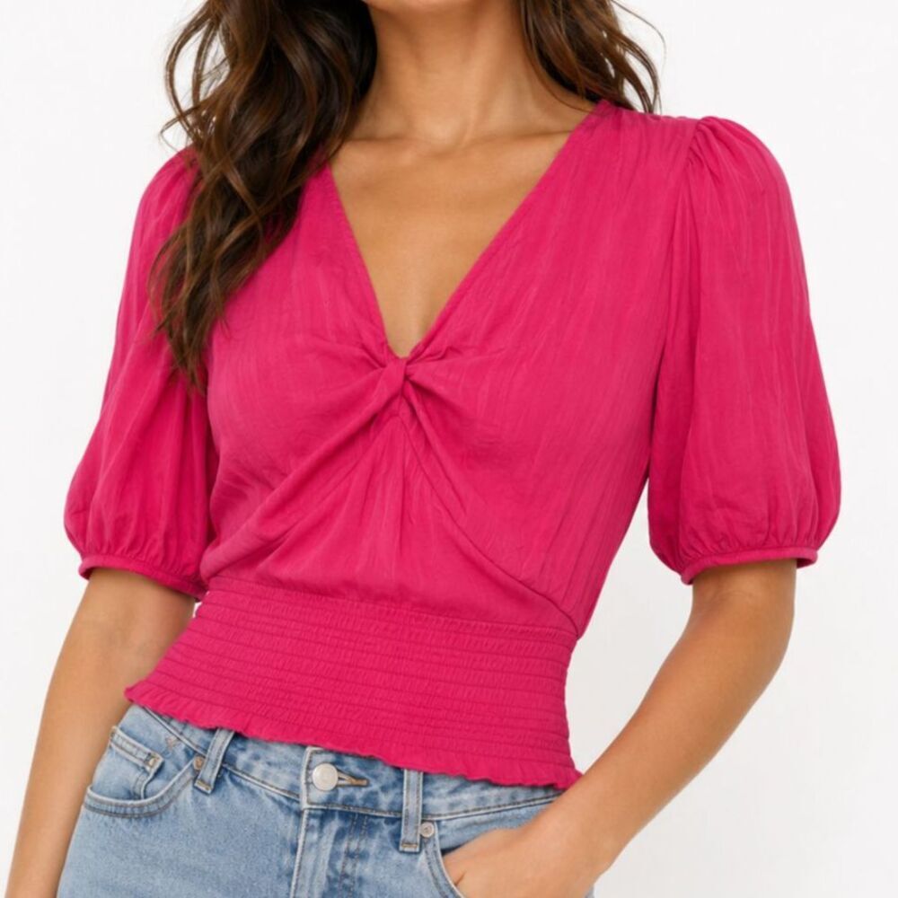Rachel Zoe Fuchsia Twist Front Puff Sleeve Top S Feminine Cottagecore Barbiecore